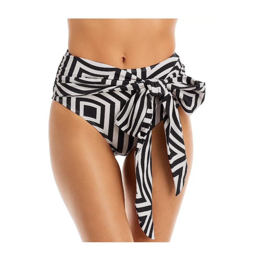 Alexandra Miro High Waist Bikini‎ Bottom Black Geometric Tie Textured Sz  L